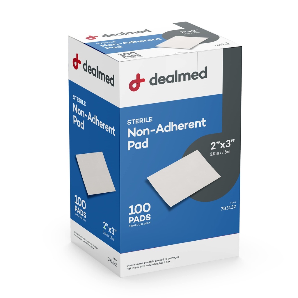 Dealmed Sterile Non-Adherent 2" x 3" Gauze Pads Non-Adhesive Wound Dressing, Highly Absorbent & Non-Stick, Painless Remotion-Switch, Individually Wrapped for Extra Protection (Box of 100)