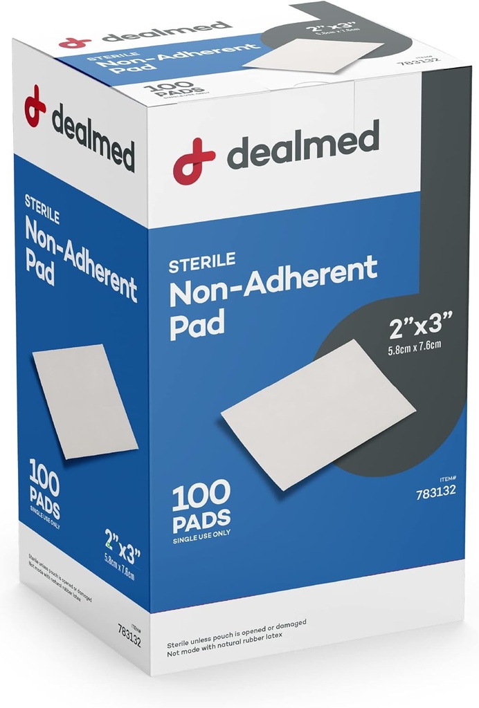 Dealmed Sterile Non-Adherent 2" x 3" Gauze Pads Non-Adhesive Wound Dressing, Highly Absorbent & Non-Stick, Painless Remotion-Switch, Individually Wrapped for Extra Protection (Box of 100)