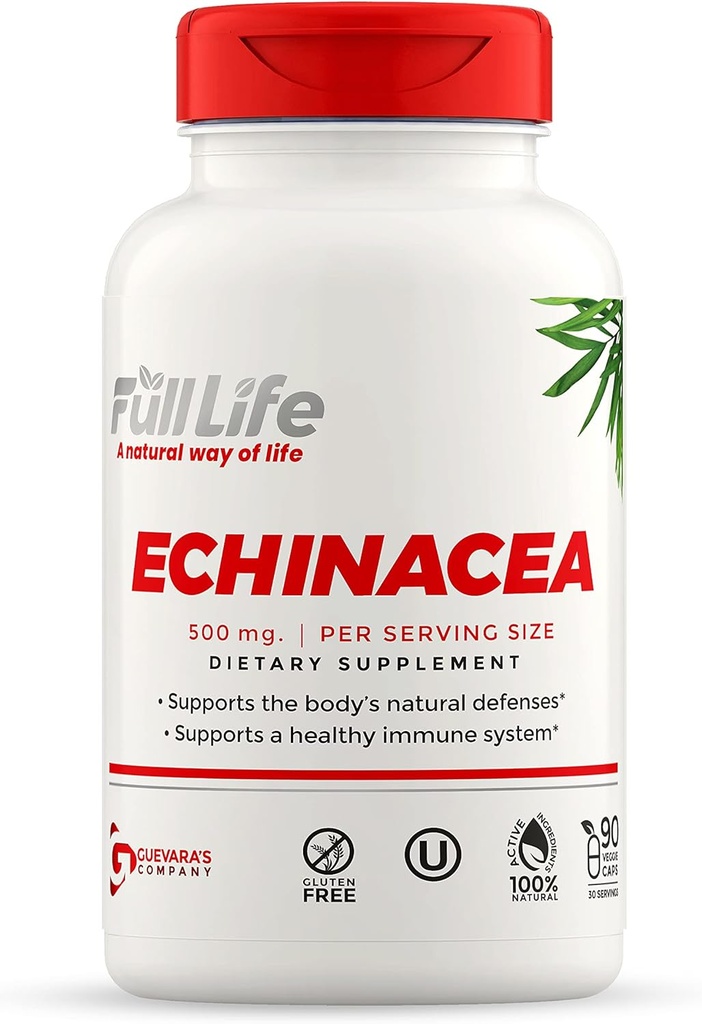 Κάψουλες Echinacea Full Life - Φυτικά συμπληρώματα διατροφής - Συμπλήρωμα υποστήριξης ανοσοποιητικών - Echinacea Purpurea Χάπια για γυναίκες και άνδρες -Kosher, Χωρίς γλουτένη - 90 κάψουλες λαχανικών