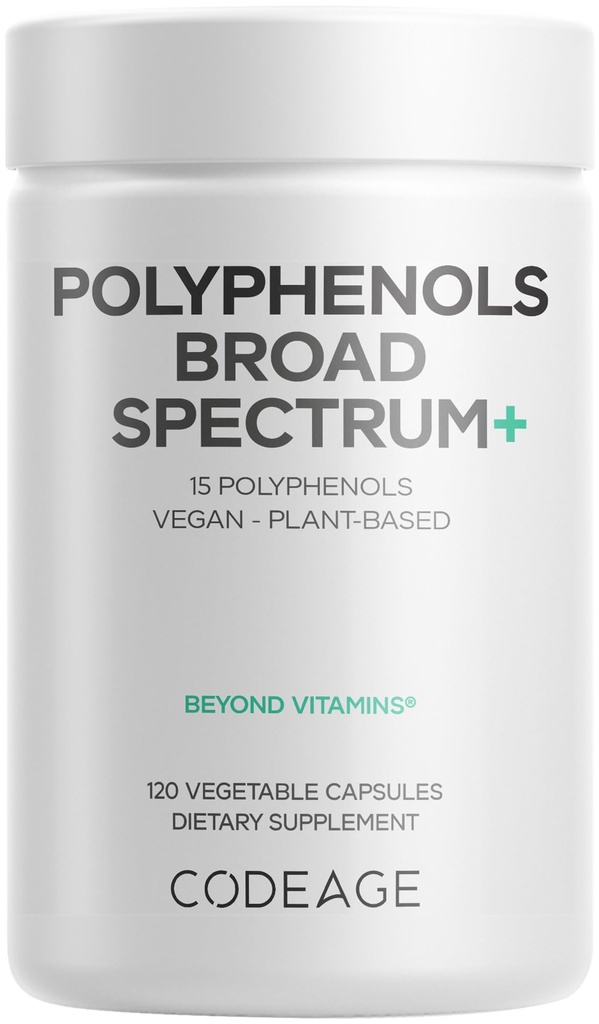 Codeage Polyphenols Broad Spectrum Supplement - Μείγμα 15 μούρων, φρούτων, και βοτανικών εκχυλισμάτων, Decaf Green Tea Leaf, Quercetin, ρεσβερατρόλη, Ρόδι, Turmeric - Μη ΓΤΟ - 120 κάψουλες