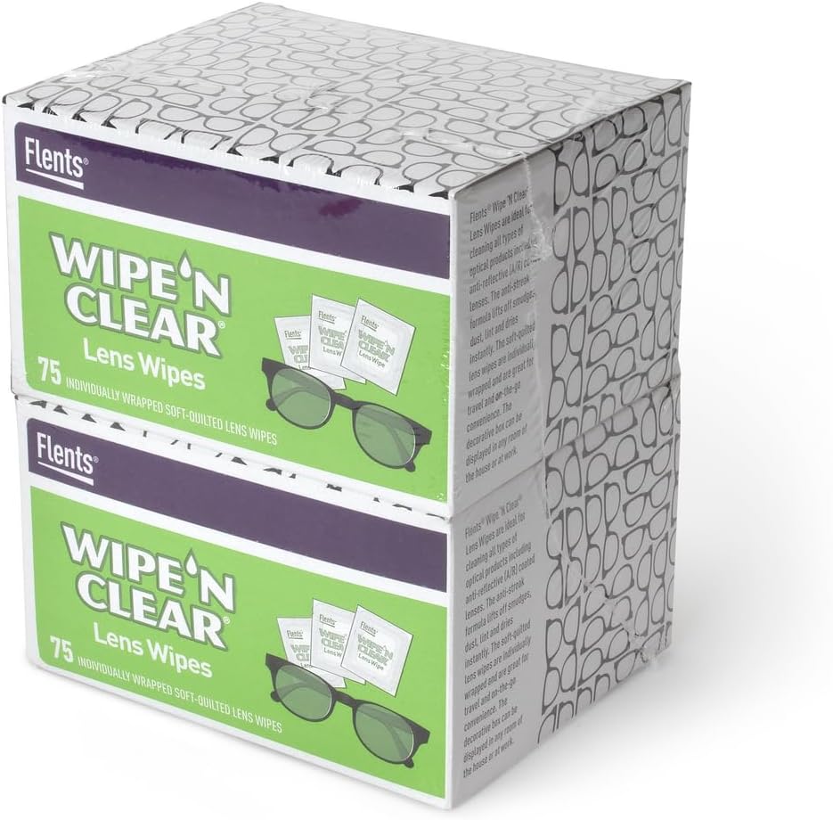 Flents Lens Wipes, Wipe 'N Clear, 150 Count, Pre-Moistened, Streak-Free, Safe for Glasses, Sunglasses, Gentle Cleaning, Clear Vision, Individually Wrapped for Travel & Convenience, Made in the USA