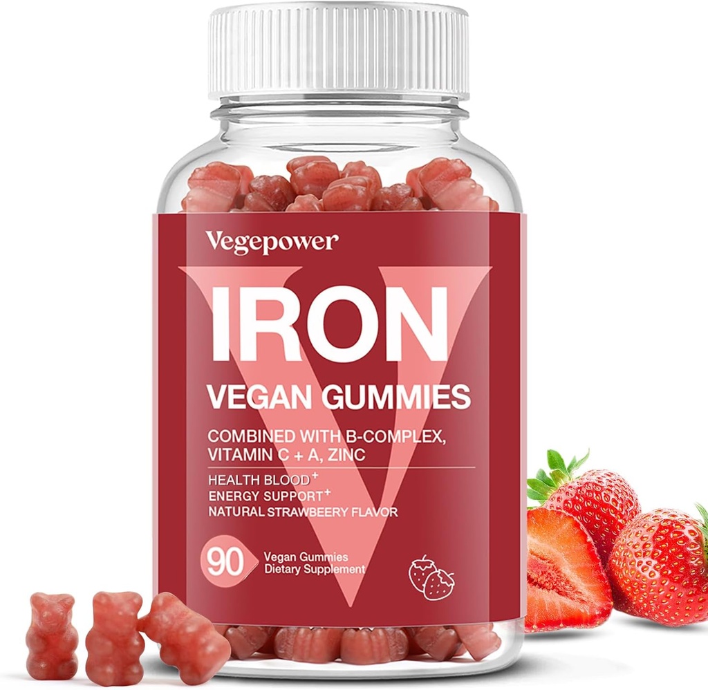 Συμπληρώματα Iron Gummies για γυναίκες & παιδιά - Πολυβιταμίνη με βιταμίνη C για την ενεργειακή υποστήριξη, Μεγάλη γεύση Iron Gummy Βιταμίνες με βιταμίνη C για μέγιστη απορρόφηση - Vegan, Φράουλα 90 Count