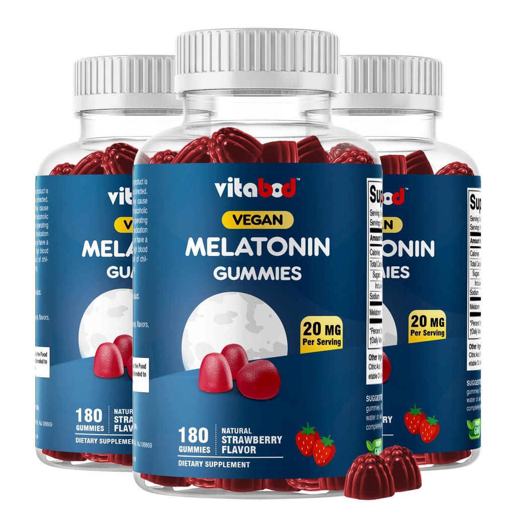 Μελατονίνη 20mg Gummies - 180 Count - Χωρίς φάρμακα - Φυσικό άρωμα φράουλας - Χορτοφαγική, Μη ΓΤΟ, Χωρίς γλουτένη (3 μπουκάλια)