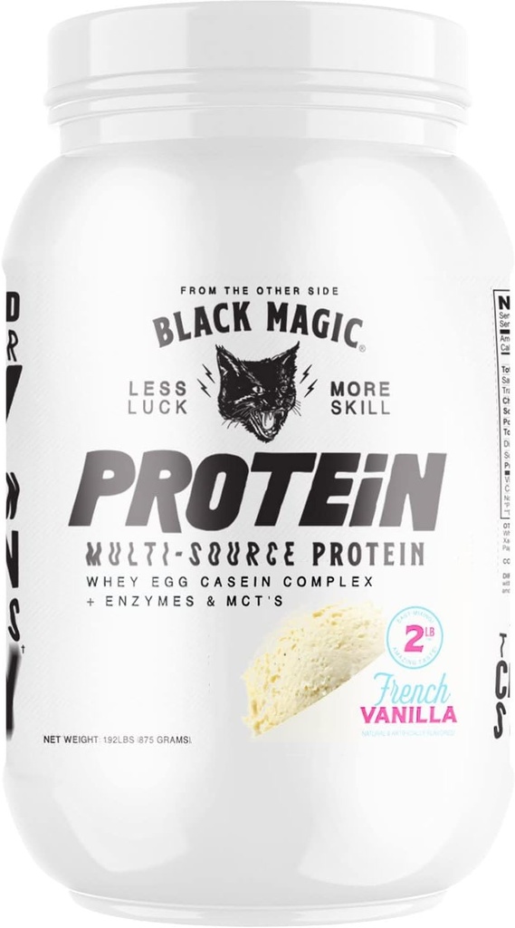 Black Magic Multi-Source Protein - Whey, Casein, Enzymes, & MCTs - Pre Post Workout - Keto, Low Sugar, Gluten Free - French Vanilla - 24g Protein - 2 LB