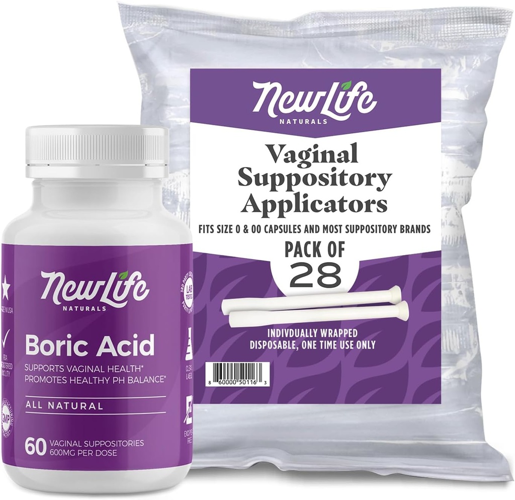 NewLife Naturals Βορικό Οξύ Κολπικά Υποθετικά 600mg (60 Pack) με 28 Applicators - για την ισορροπία pH, τη γυναικεία υγεία και την εσωτερική ευεξία - Made in USA