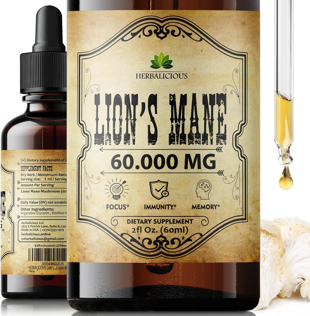 Εκχύλισμα Λεοντιού 2 fl oz Liquid – Φυσικό συμπλήρωμα μανιταριών Βάμμα για τον εγκέφαλο, τη μνήμη, τη διανοητική σαφήνεια & εστίαση – Ανοσοποιητική υποστήριξη – Φόρμουλα υψηλής ισχύος – 90-Ημέρα προσφοράς