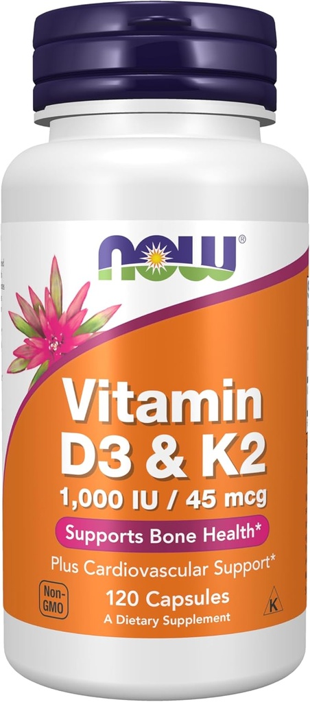 NOW Συμπληρώματα, Βιταμίνη D-3 & K-2, 1.000 IU/45 mcg, Plus Καρδιαγγειακή Υποστήριξη *, Υποστηρίζει την υγεία των οστών *, 120 κάψουλες λαχανικών