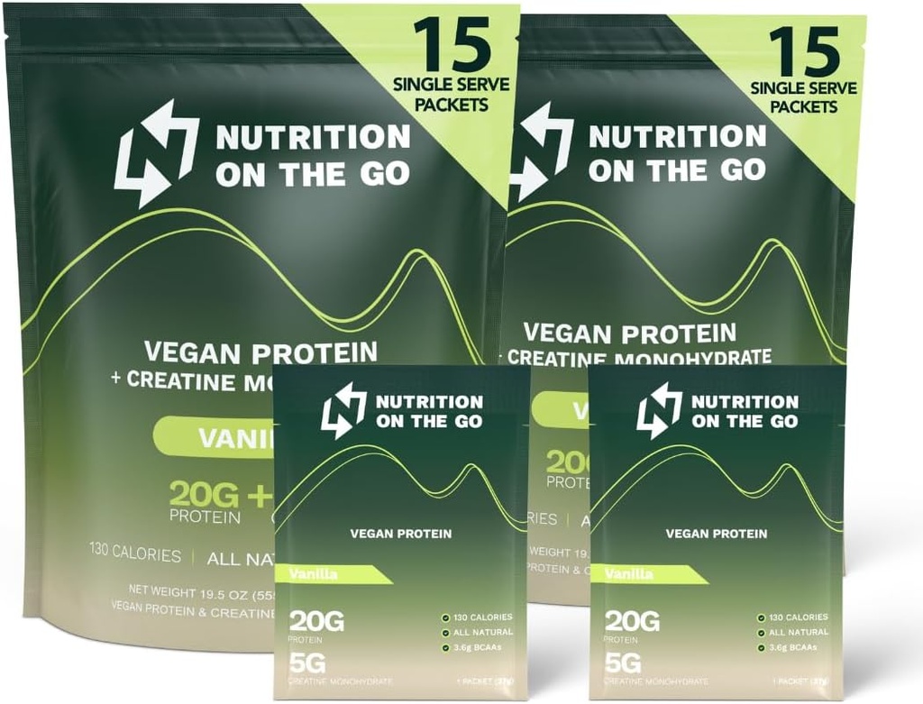 Διατροφή On The Go Vegan Protein Powder Packets με Creatine – 20g Πρωτεΐνες φυτών + 5g Creatine – Single-Serve Travel Protein Powder – Όλα φυσικά, χωρίς γλουτένη – Βανίλια – (30-Pack)