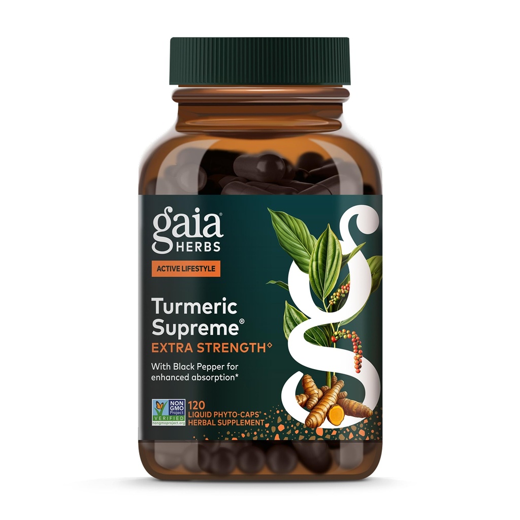 Gaia Herbs Turmeric Supreme Extra Strength - Supports Occasional Speaking from Normal Wear & Tear - with Turmeric Curcumin & Black Pepper - 120 Vegan Liquid Phyto-Capsules (Up to 120-Day Supply)