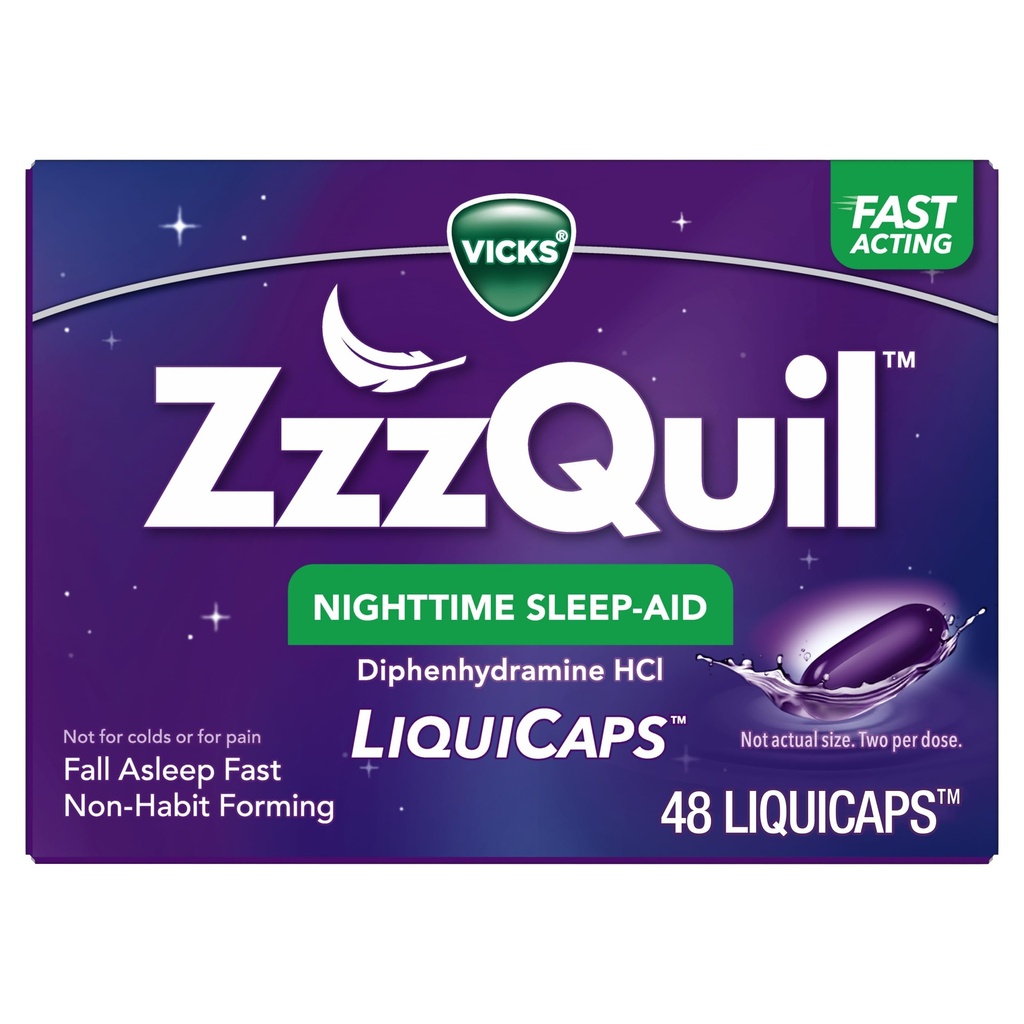 ZzzQuil, Nighttime Sleep Aid LiquiCaps, 25 mg Diphenhydramine HCl, No. 1 Sleep-Aid Brand, Non-Habit Forming, Fall Asleep Fast, 48 Count