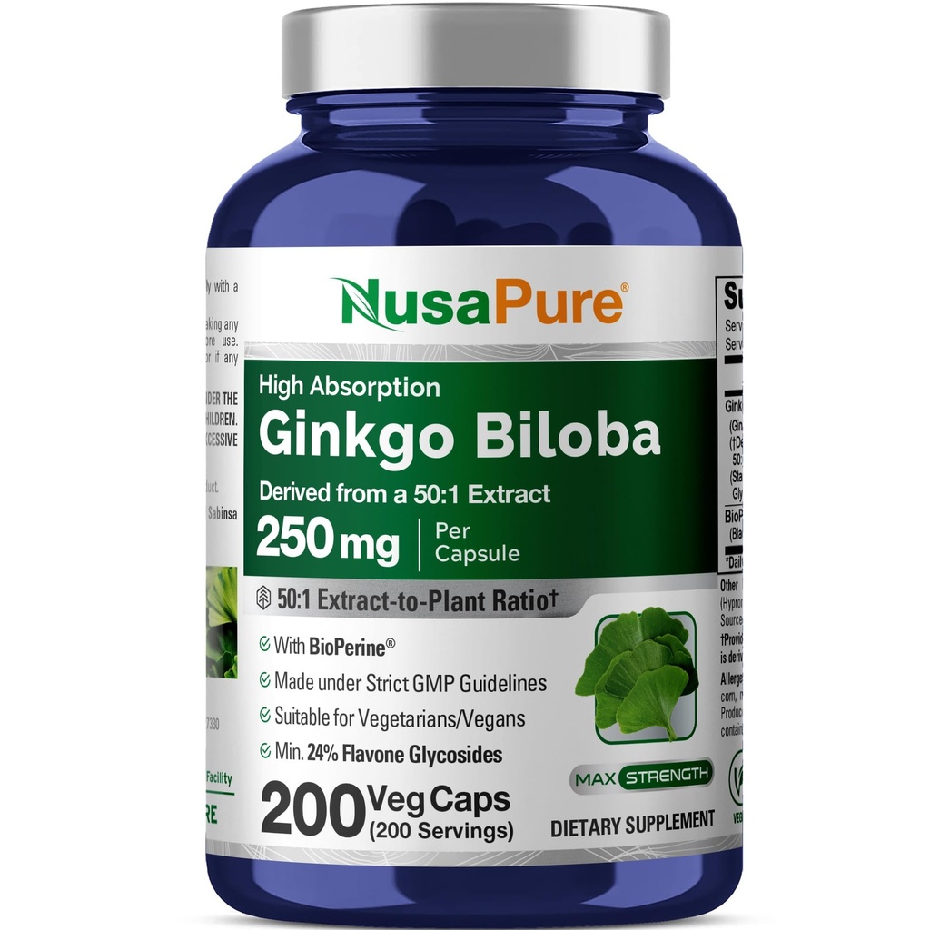 NusaPure Ginkgo Biloba 50: 1 Extract, 250 mg Ισοδύναμο με 12.500 mg ανά Veggie Caps 200 Caps (χορτοφαγικά, μη ΓΤΟ, Vegan) Bioperine