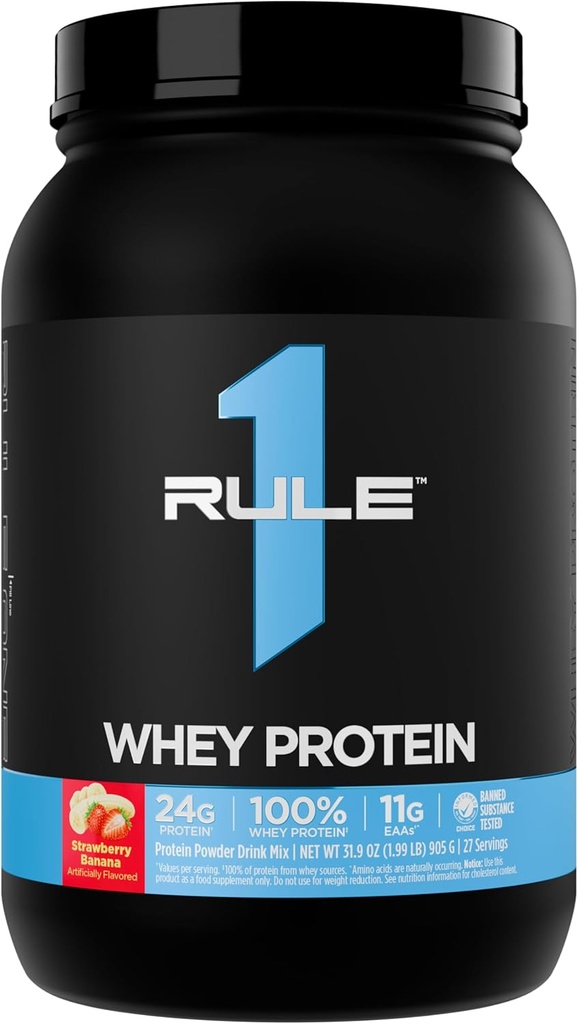 Rule 1 Whey Protein – 24g Fast-Acting Protein from All-Whey Sources with Naturally Occurring EAAs & BCAAs for Workout Recovery or Anytime Use (2 Pounds*, Strawberry Banana)