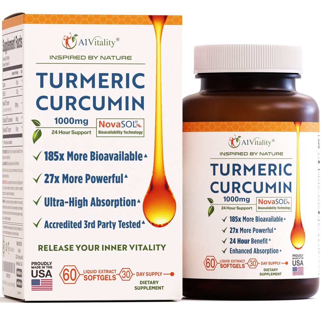A1Vitality NovaSOL Turmeric Curcumin 1000mg – Clinically Proven 185x Υψηλότερη απορρόφηση – Προωθεί την κοινή άνεση, κινητικότητα & συνολική ευεξία – Μη-GMO, γιατρός Formulated, 60 Softgels.