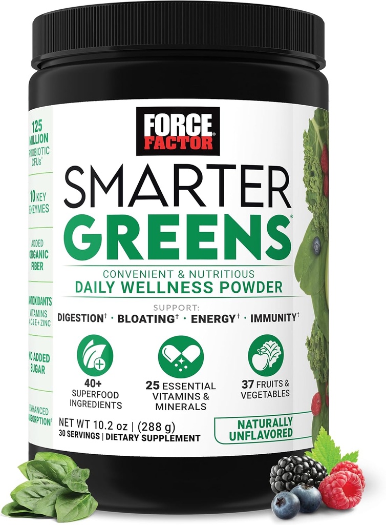 Force Factor Smarter Greens Daily Wellness Powder, Greens Superfood Powder to Support Gut Health, Bloating, & Digestion, with 40+ Superfoods, 125 Million CFUs Προβιοτικών, Άγευστη, 30 Υπηρεσίες
