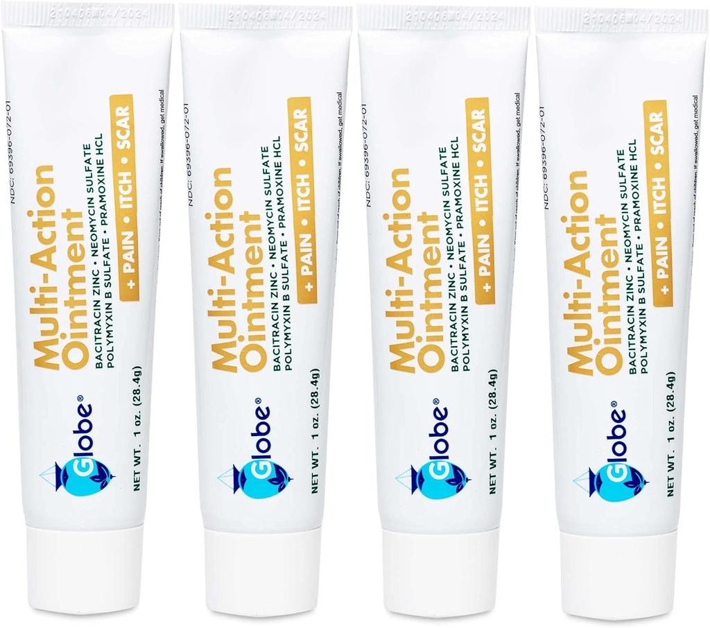 Globe (4 Pack) Αντιβιοτικό Scar πρώτων βοηθειών Ελαχιστοποίηση Πόνος-Ανακούφιση, Αντιελαστικός Αρωματισμός με Neomycin, Bacitracin Zinc, Pramoxine HCl & Polymyxin B, για μικρές περικοπές, αποκόμματα & εγκαύματα