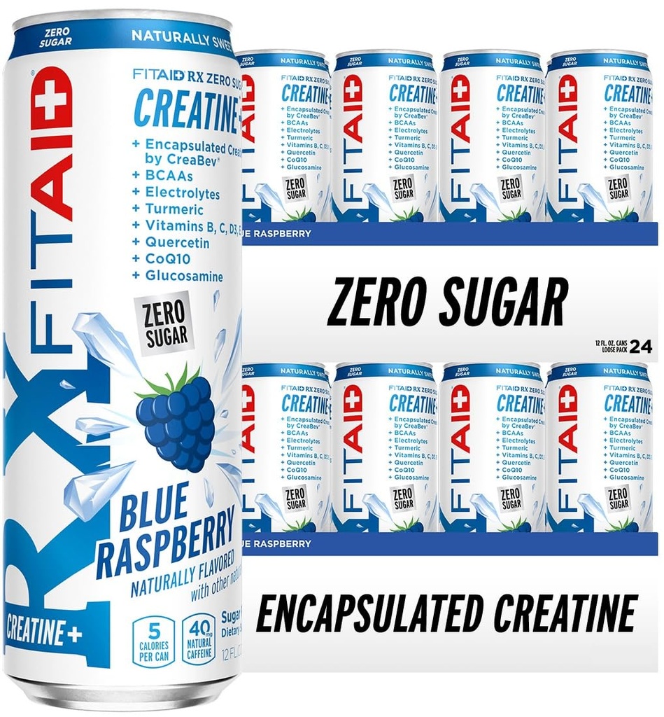 FITAID RX Zero Sugar, Encapsulated Creatine, Workout Recovery Drink, All-In-One Blend, BCAAs, Glucosamine, Turmeric, B-Complex, Electrolytes, Blue Raspberry, 12 Fl Oz (Pack of 24)