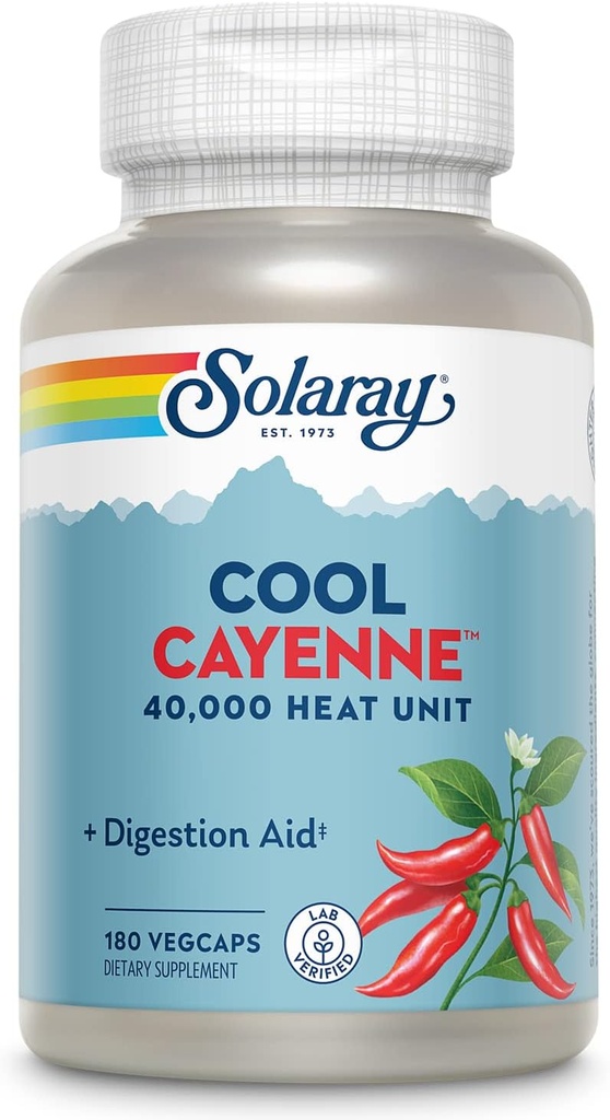 SOLARAY Cool Cayenne Pepper 40,000 HU, Cayenne Pepper Capsules, Digestion Aid, Bio-Cool Process, Lab Verified, 60-Day Money-Back Guarantee, 90 Servings, 180 VegCaps