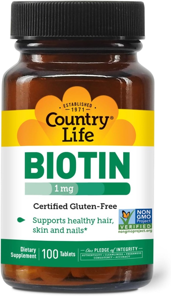 Country Life Biotin 1mg Supports Healthy Hair, Skin & Nails, 100 Tablets, Certified Gluten Free, Certified Vegan, Certified Halal, Non-GMO Verified