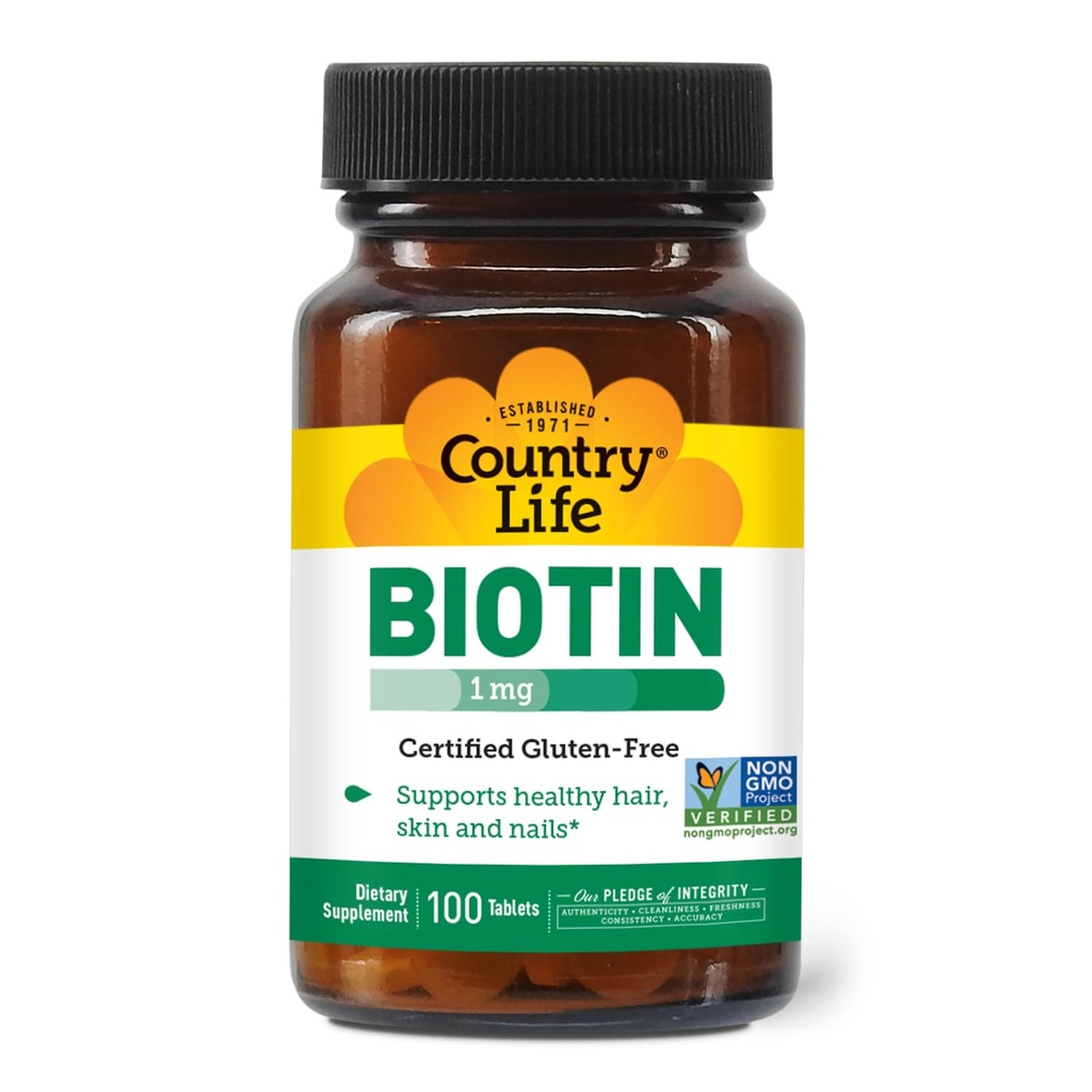 Country Life Biotin 1mg Supports Healthy Hair, Skin & Nails, 100 Tablets, Certified Gluten Free, Vegan, Halal, Non-GMO Verified