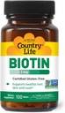 Country Life Biotin 1mg Υποστηρίζει υγιή μαλλιά, δέρμα & νύχια, 100 δισκία, Certified Gluten Free, Certified Vegan, Certified Hanal, Μη ΓΤΟ Επαληθευμένο