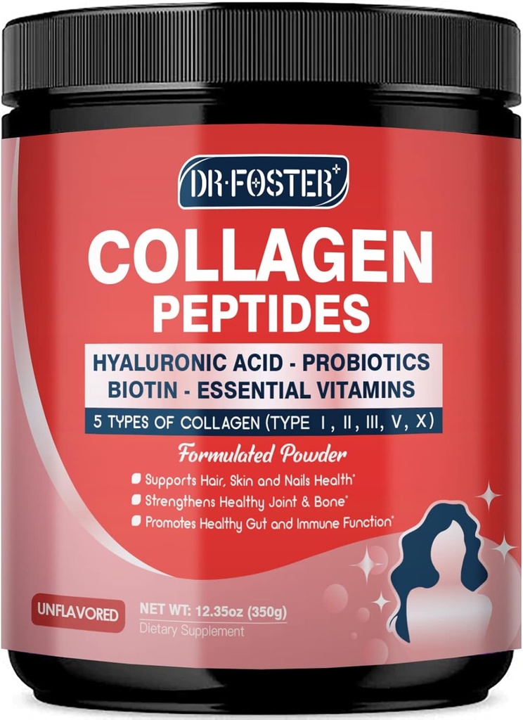 Multi Collagen Peptides Powder with Probiotics - Type I II III V X - Hydrolyzed Collagen Peptides with Multivitamins, Hyaluronic Acid & Biotin - Support Skin Hair Nail Joints & Gut, 35 Servings