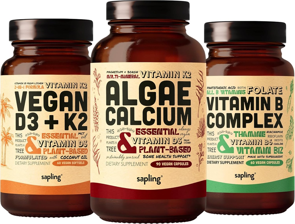 Algae Calcium & Vegan D3 + K2 & Vitamin B Complex B Complex Bundle - Συμπλήρωμα ασβεστίου από κόκκινα φύκη, 4000 IU βιταμίνης D3 και 100mcg Βιταμίνης K2, Ουσιώδεις Βιταμίνες Β
