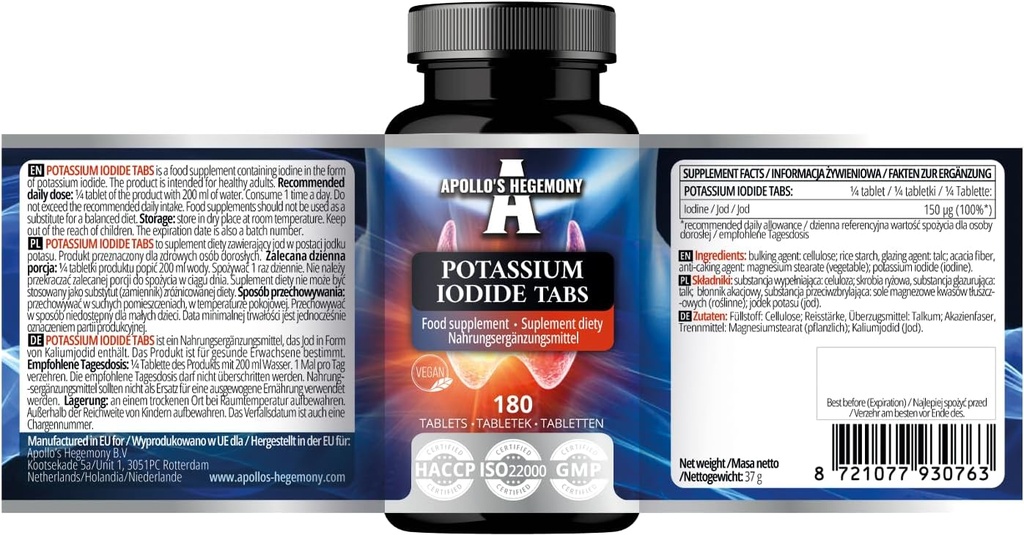 Ιωδιούχο κάλιο 150 mcg ανά Μερίδιο - 180 Vegan Tablets - 720 Servings - για Βέλτιστη Λειτουργία Γήινης και Ενέργειας Μεταβολισμός - Συμπλήρωμα Διατροφής από την Ηγεμονία του Απόλλωνα