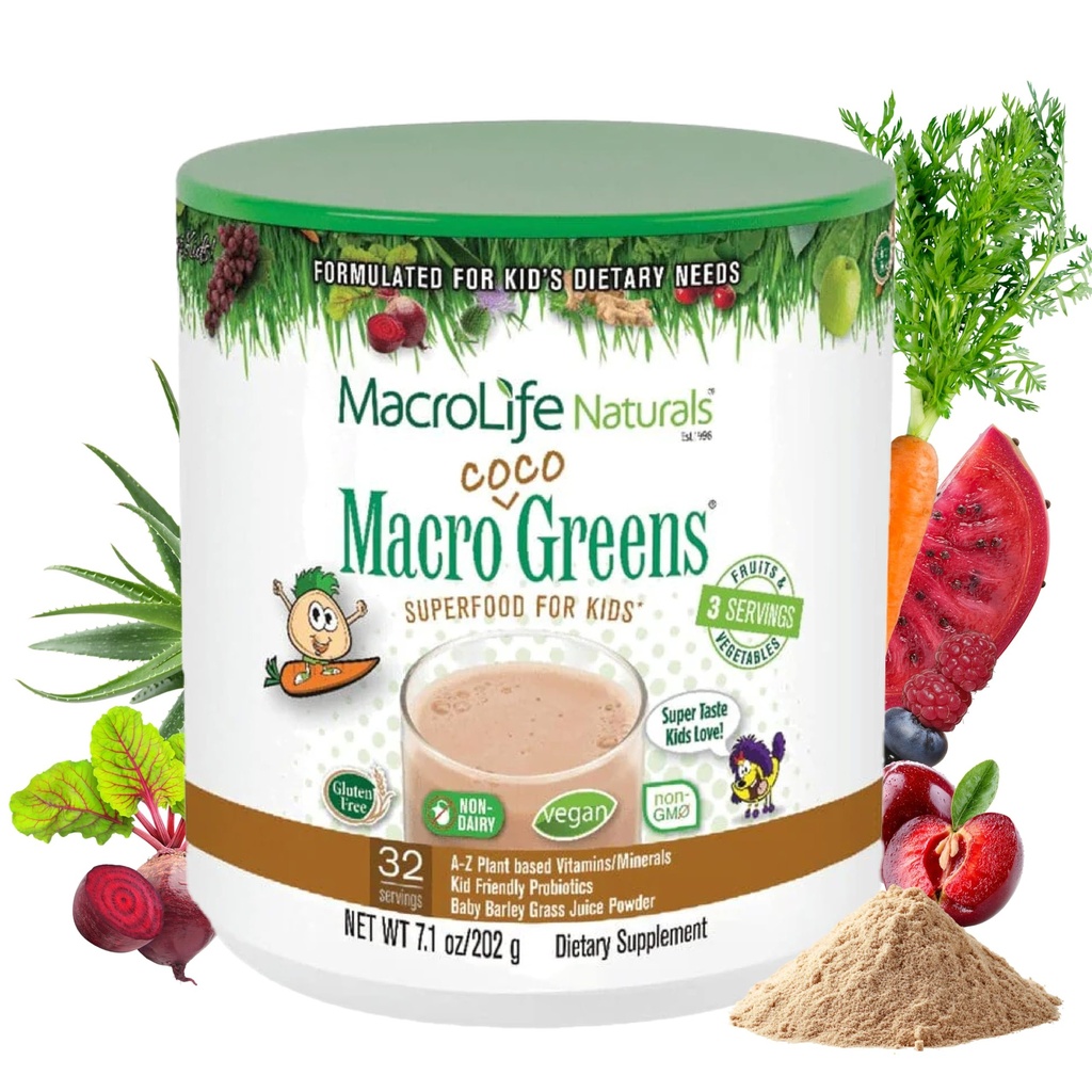MacroLife Naturals MacroCoco Greens Σοκολάτα Superfood Σκόνη για τα παιδιά Ακατέργαστα Φρούτα Veggies Probiotics & Digestive Enzymes, Ανοσία Ενέργεια, Μη ΓΤΟ, Vegan, Γλουτένη, Γαλακτοκομικά Χωρίς - 7oz (32 Μερίδες)
