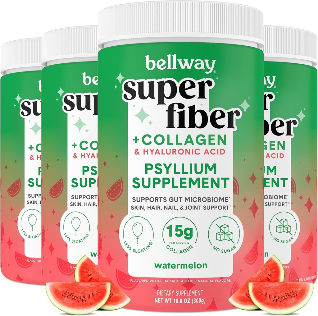 Bellway Super Fiber Powder + Collagen (4 Pack), Sugar-Free Psyllium Husk Psylium Powder with Collagen Peptides and Hyaluronic Acid for Gut Health, Healthy Skin, Nails, Bones & Joints, Watermelon (42.4 oz)