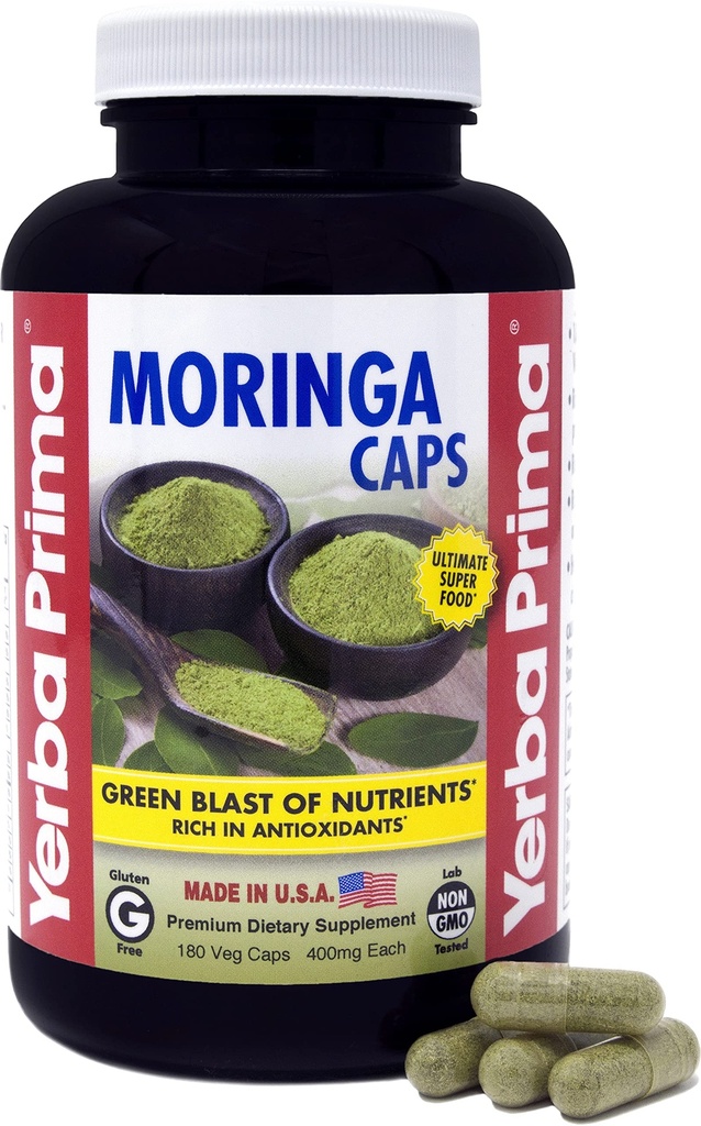Yerba Prima Moringa, 180 Count Veg Caps - 400mg καθαρή, αποξηραμένη σκόνη φύλλων, πράσινη έκρηξη θρεπτικών συστατικών, πλούσια σε αντιοξειδωτικά, 100% καθαρό, σούπερ φαγητό, μη GMO, Vegan φιλικό, χωρίς γλουτένη, ΗΠΑ