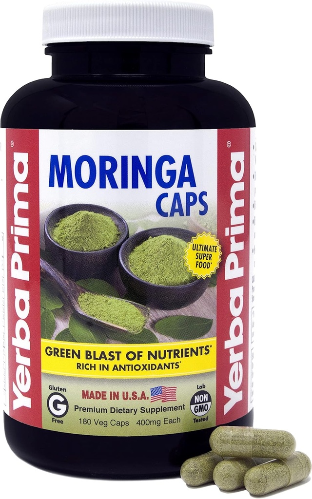 Yerba Prima Moringa, 180 Count Veg Caps - 400mg καθαρή, αποξηραμένη σκόνη φύλλων, πράσινη έκρηξη θρεπτικών συστατικών, πλούσια σε αντιοξειδωτικά, 100% καθαρό, σούπερ φαγητό, μη GMO, Vegan φιλικό, χωρίς γλουτένη, ΗΠΑ
