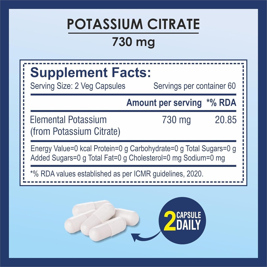 Κιτρικό κάλιο 730mg συμπλήρωμα, υποστηρίζει λειτουργία νεφρών & υγιείς μύες - 120 κάψουλες λαχανικών