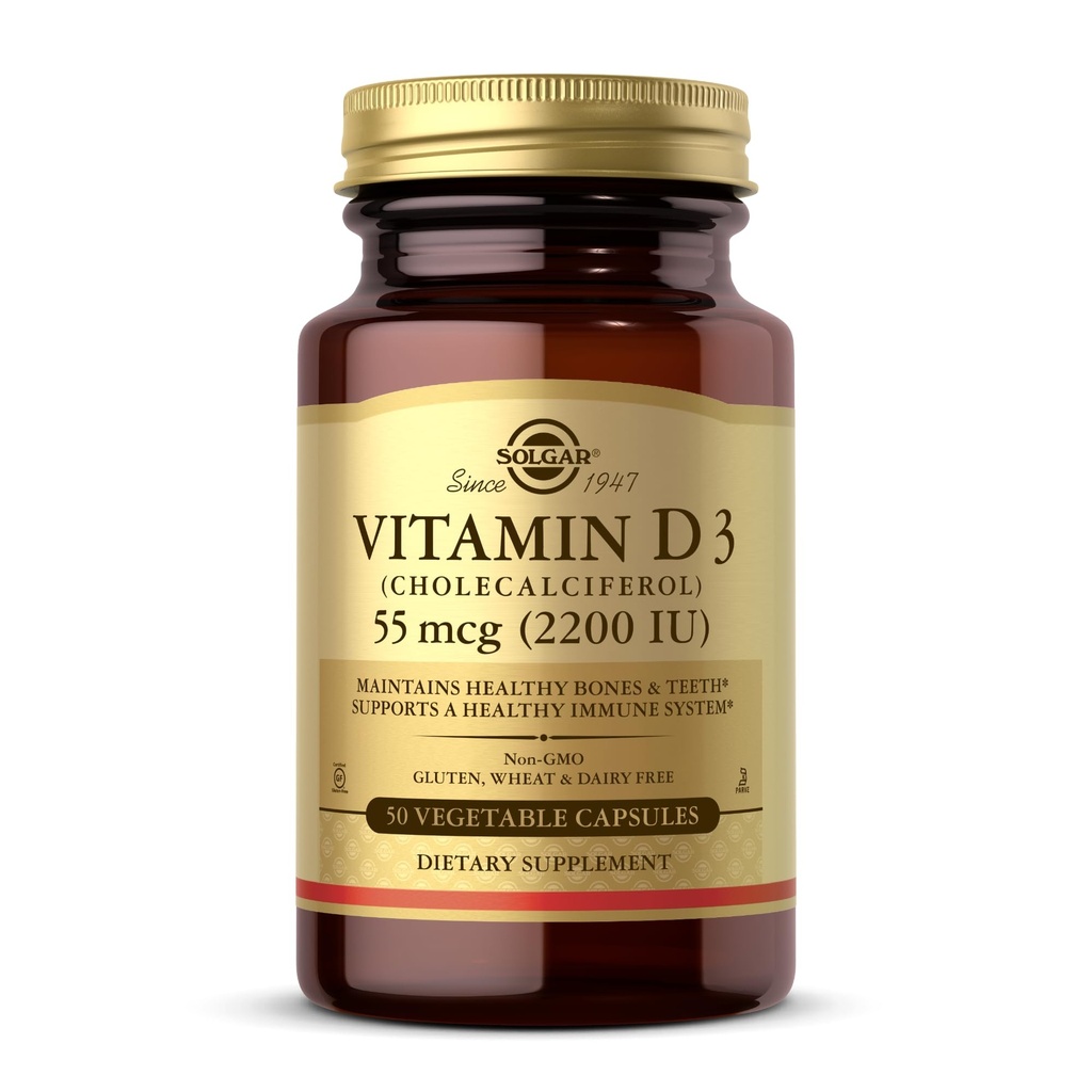 Solgar Vitamin D3 (Cholecalciferol) 55 mcg (2200 IU), 50 κάψουλες λαχανικών - Βοηθά στη διατήρηση υγιεινών οστών & δοντιών - Υποστήριξη ανοσοποιητικού συστήματος - Μη ΓΤΟ, Χωρίς γλουτένη, Χωρίς γαλακτοκομικά, Kosher - 50 Σερβιέτες