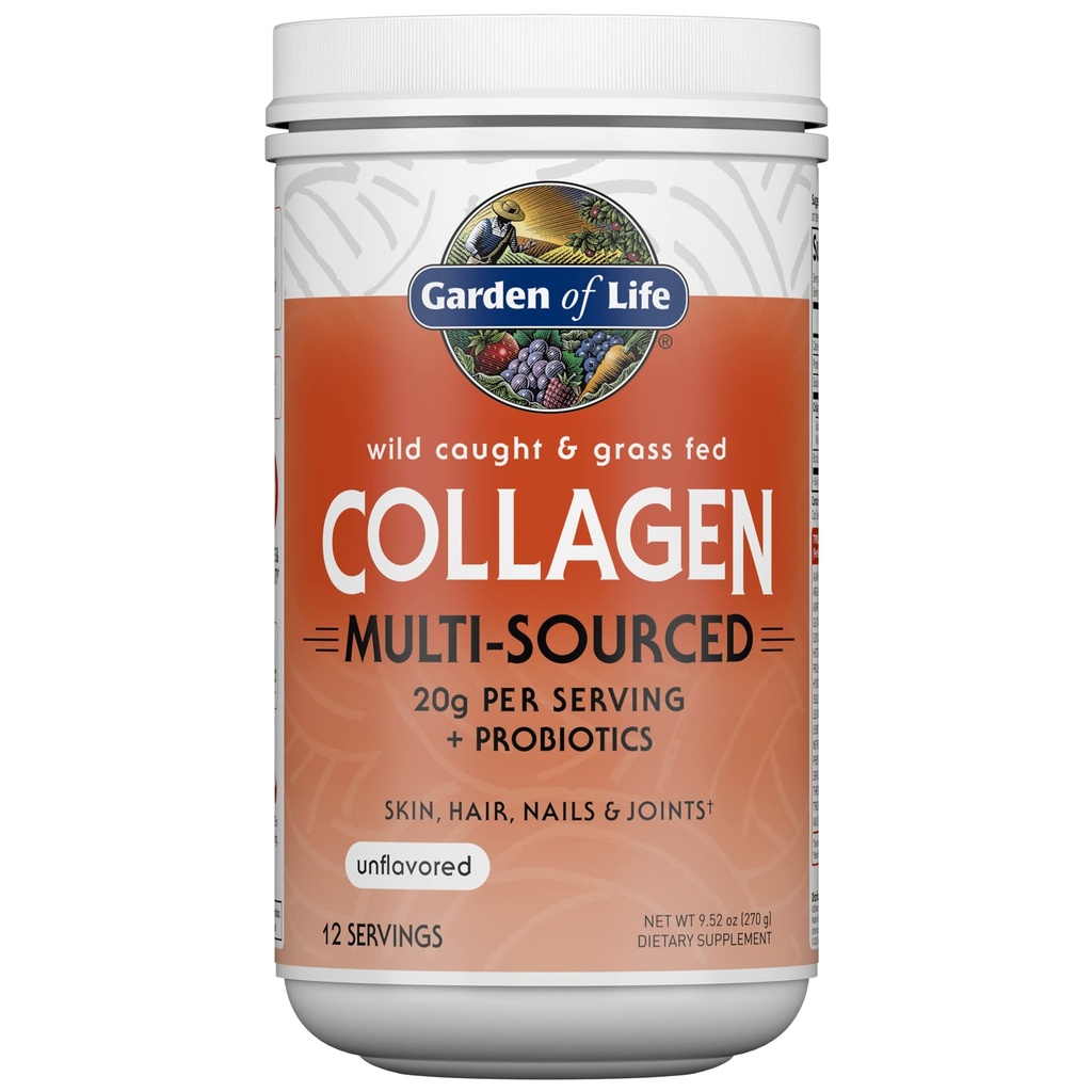 Garden of Life Marine & Grass-Fed Collagen Peptides Peptides Powder Supplement (Type I, III) with Probiotics & BCAAs for Mobility, Joint Health, Hair, Skin & Nails - Unflavored, 20g per Serving, 12 Servings