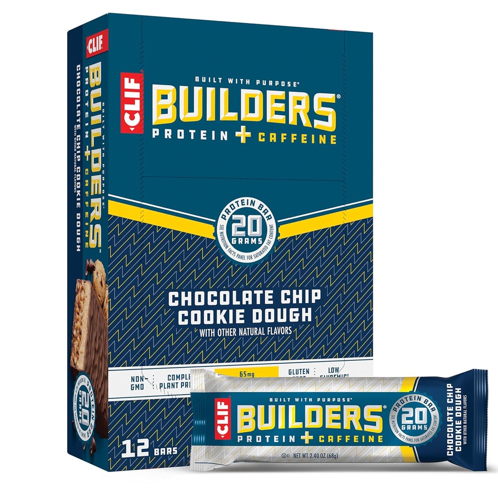 CLIF BUILDERS + Caffeine Protein Bars - Chocolate Chip Cookie Dough Flavor - 20g Πρωτεΐνη με βάση το φυτό - Χωρίς γλουτένη - Μη ΓΤΟ - Χαμηλή Γλυκαιμική - Δεν Τεχνητά γλυκαντικά - 2.4 oz. (12 Pack)