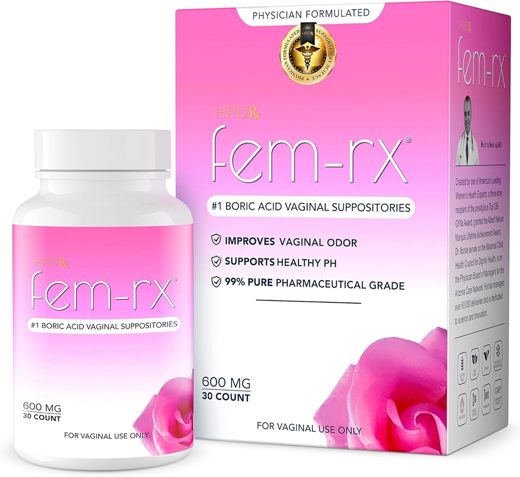 HPD Rx Fem-Rx Βορικό Οξύ Κολπικά Υποθετικά για τις γυναίκες – Βοήθεια Ισορροπία Κολπικό pH, Εξάλειψη Κολπικού Οδογόνου – Dr Formulated Feminine Health Support – 30 Κάψουλες Συσκευασία του 1
