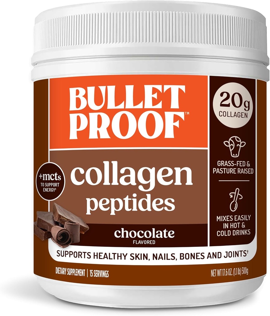 Bulletproof Chocolate Collagen Protein Powder with MCT Oil, 19g Protein, 17.6 Oz, Collagen Peptides and Amino Acids for Healthy Skin, Bones and Joints, Packaging May Vary