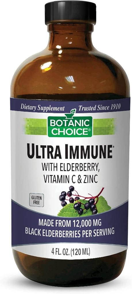 Botanic Choice - Ultra Immune, Περιέχει elderberry με ψευδάργυρο και βιταμίνη C, Black Elderberry Syrup για ενήλικες και παιδιά, Υγρές Βιταμίνες για ανοσοποιητική υποστήριξη, 4 Oz