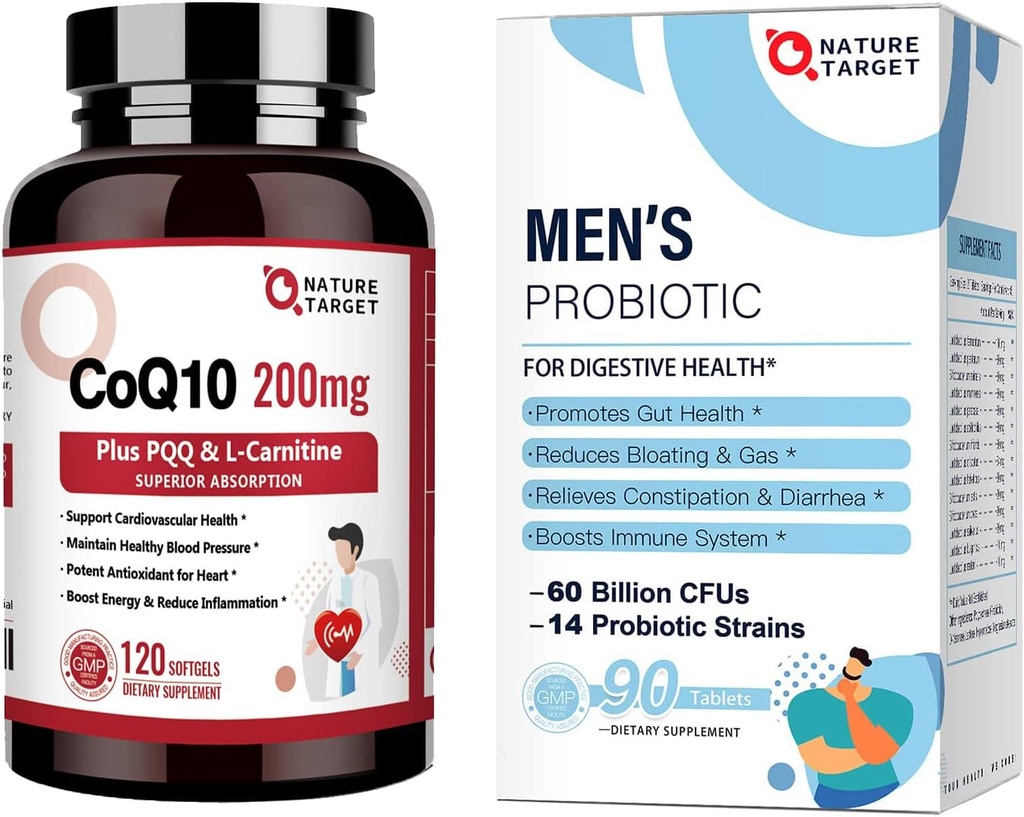 NATURE TARGET Probiotics for Men 60 Billion CFUs14 Strains & CoQ10-200mg with PQQ L-Carnitine & Omega-3s