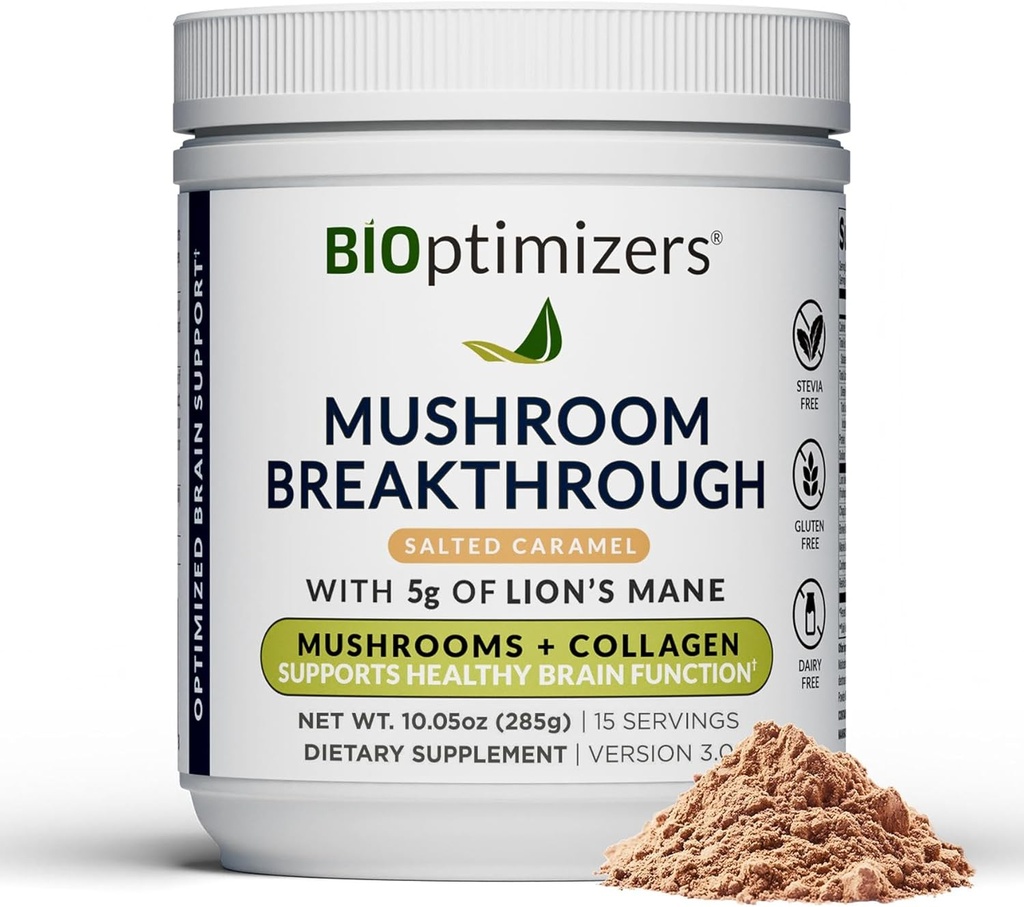 BIOptimizers Mushroom Coffee Alternative – Αλμυρό Caramel Drink – Lion’s Mane, Chaga, Reishi + Collagen Peptides for Focus, Energy & Gut Health – Adaptogenic Mushrooms & MCT Powder – 15 Servings