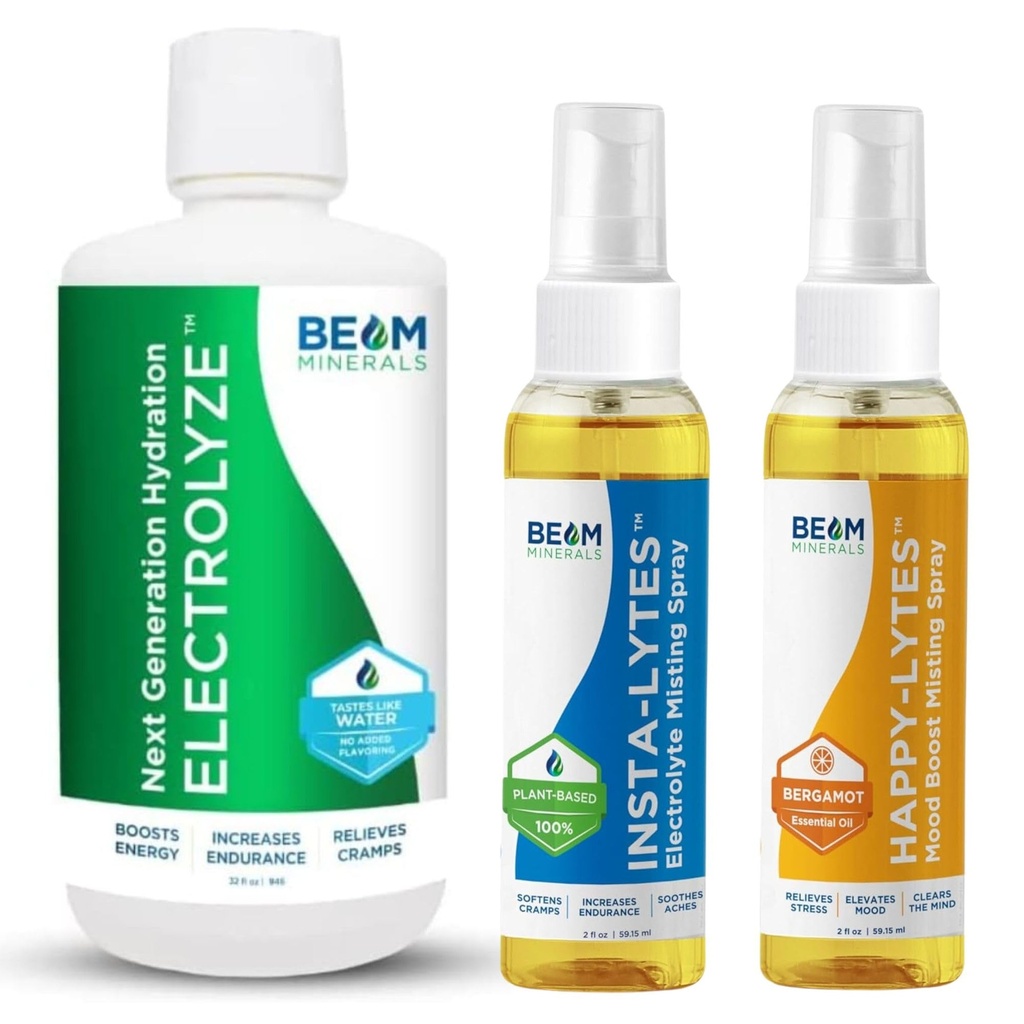 Beam Minerals Electrolyte Imbalance Solution Electrolyze and Insta-Lytes Natural Liquid Electrolytes 2oz and Happy-Lytes Fulvic Electrolyte Misting Spray 2oz