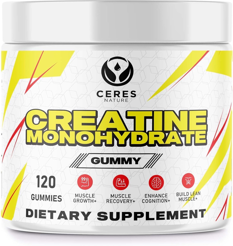 Creatine Monohydrate Gummies for Men & Women-5g Creatine Monohydrate per Serving - Vegan, Lemon Flavor, 120 Count.