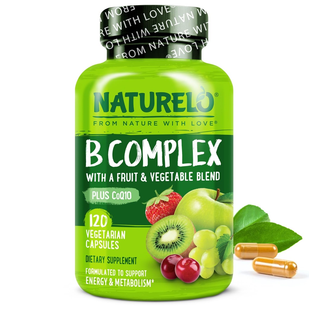 NATURELO Vitamin B Complex with Methyl B12, methyl folate, Vitamin B6, Biotin Plus Choline, CoQ10, and Fruit & Fegetry Blend - Υποστηρίζει την ενέργεια & την υγιή αντίδραση στρες - Vegan - 120 κάψουλες
