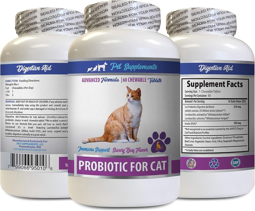 Cat Treats for Bad Breath - CAT PROBIOTICS - Ανοσολογική Υποστήριξη - Savory Beef Flavor - Φυσική Φόρμουλα - προβιοτικά γάτας προβιοτικά - 1 Φιάλη (60 Treats)