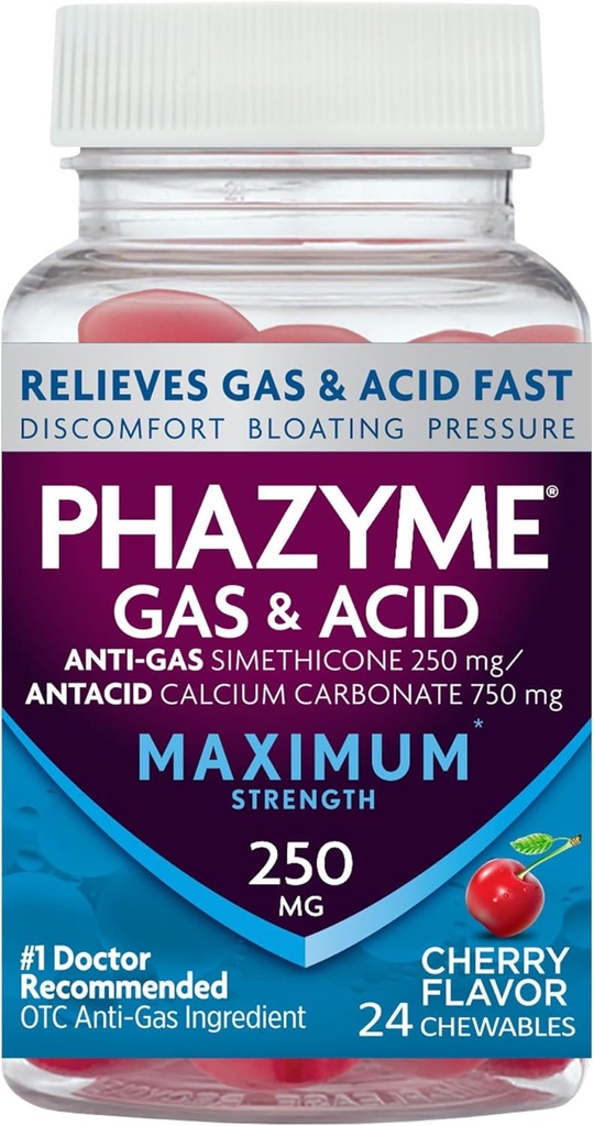 Phayzyme Μέγιστη δύναμη Αέριο & Οξύ ανακούφιση, λειτουργεί γρήγορα, Cherry Γεύση, 24 μάσημα (συσκευασία Μαΐου Vary)