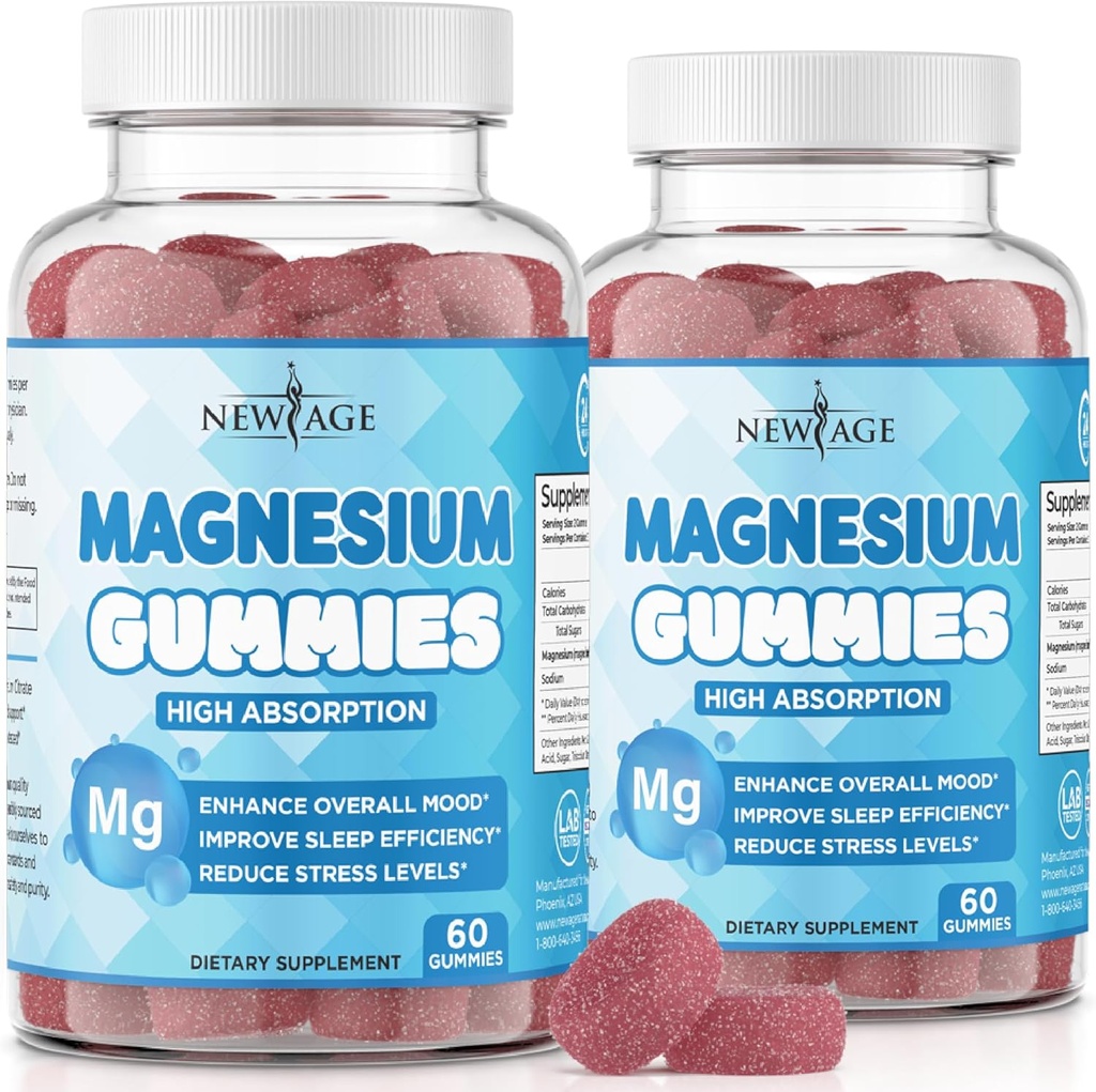 Μαγνήσιο Gummies - Καταπραϋντικό Anti-Stress Gummies, συμπλήρωμα μαγνησίου για ενήλικες και παιδιά, Vegan, Ζελατίνη-ελεύθερος, Γλουτένη-ελεύθερος, μη-GMO, Delicious Natural Raspberry Flavor- 120 Count - by New Age