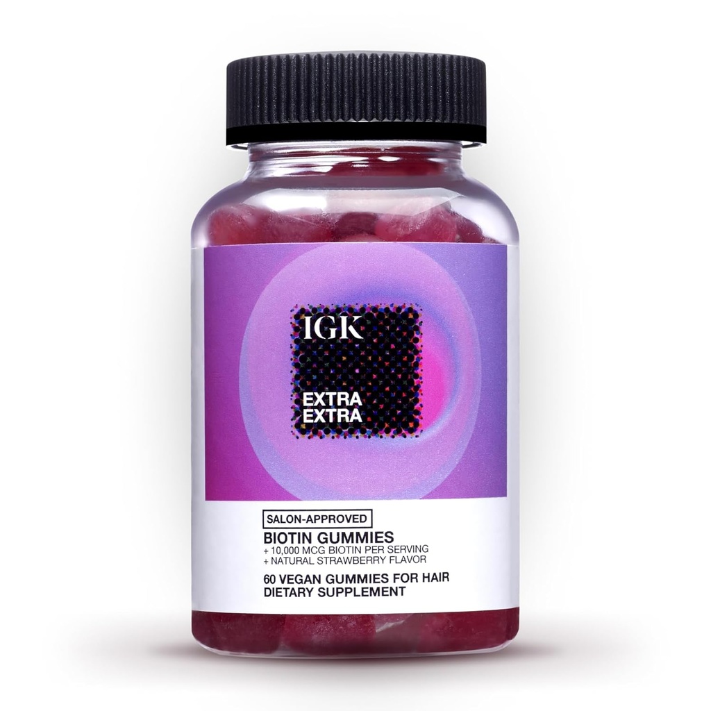 IGK Biotin Μαλλιά Gummies 10.000mcg Biotin (60 Count), Φράουλα Γεύση, Συμπληρώματα ανάπτυξης μαλλιών Gummies για υγιή μαλλιά, δέρμα & νύχια, Vegan, Βοήθεια για την καταπολέμηση της τριχόπτωσης & κοκκίνισμα