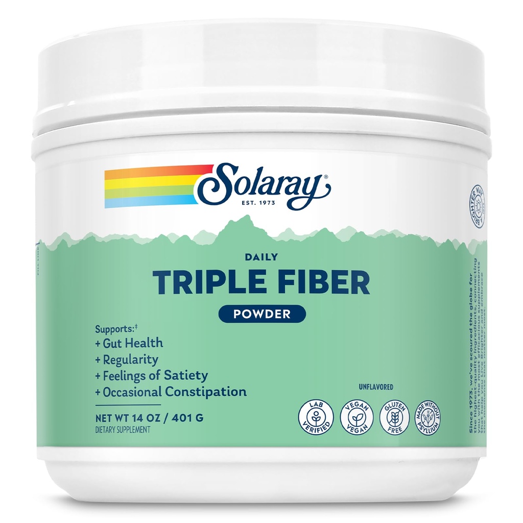 SOLARAY Triple Fiber Powder - Daily Fiber Supplement for Women and Men W/Prebiotics - Υγεία κόκκων, περιστασιακή δυσκοιλιότητα, Digestive Health Support, Unflavored, Vegan, Gluten Free, 30 Services, 14oz