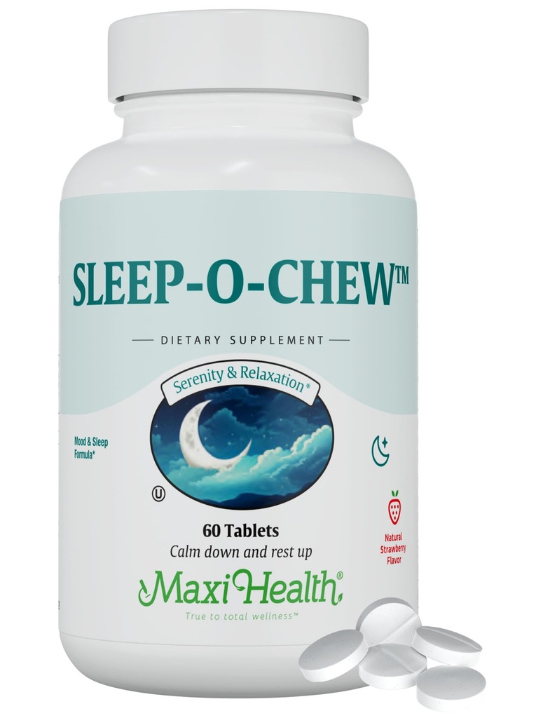 Maxi Health Sleep-O- Chew Φράουλα μασώμενα δισκία με μαγνήσιο, Ινοσιτόλη, L-Tryptophan, 3mg μελατονίνη για υποστήριξη ύπνου - μη λειτουργία που αποτελούν βοήθεια ύπνου για ενήλικες, συμπλήρωμα ύπνου Kosher, 60 μέτρα