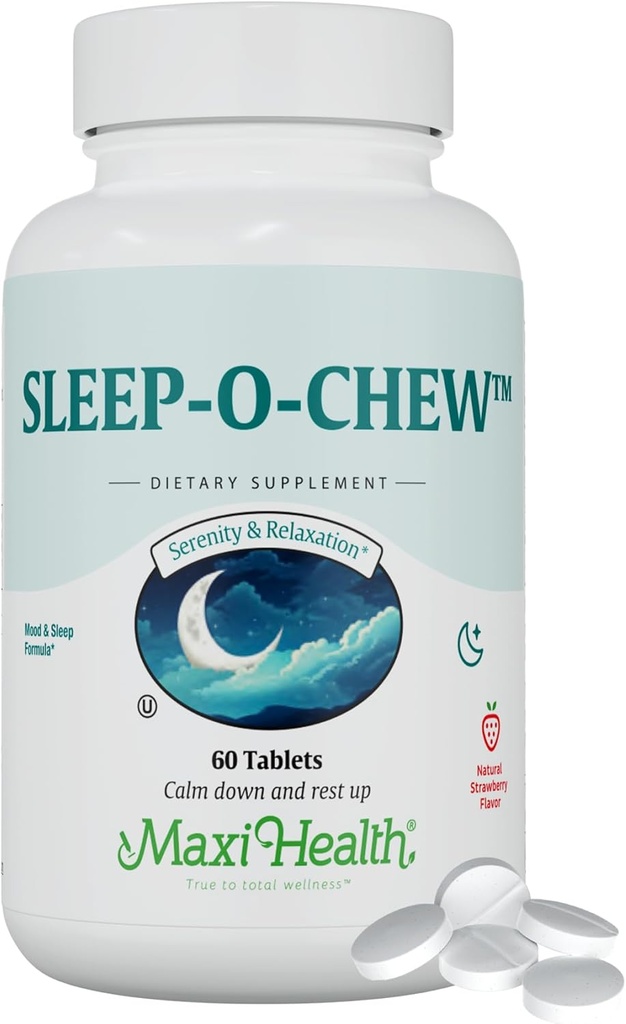 Maxi Health Sleep-O- Chew Φράουλα μασώμενα δισκία με μαγνήσιο, Ινοσιτόλη, L-Tryptophan, 3mg μελατονίνη για υποστήριξη ύπνου - μη λειτουργία που αποτελούν βοήθεια ύπνου για ενήλικες, συμπλήρωμα ύπνου Kosher, 60 μέτρα
